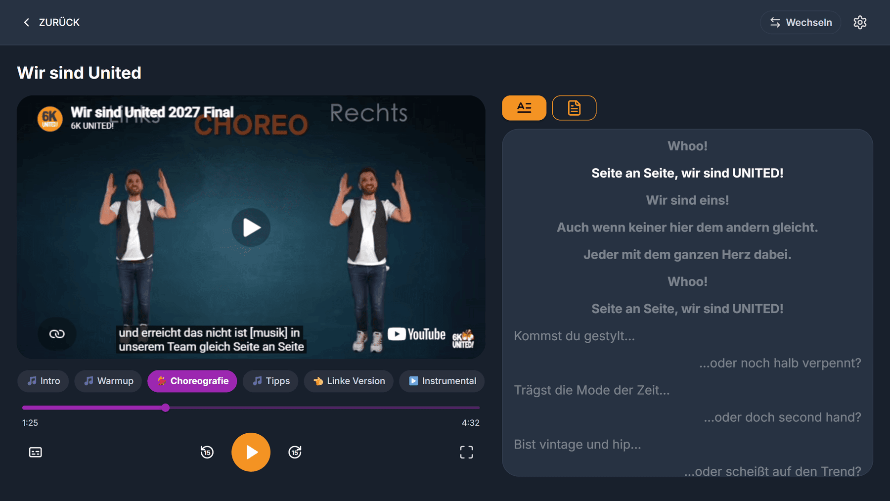 Ein 6K-Song in cori mit Video, Sprungmarken und hervorgehobenem Mitlesetext