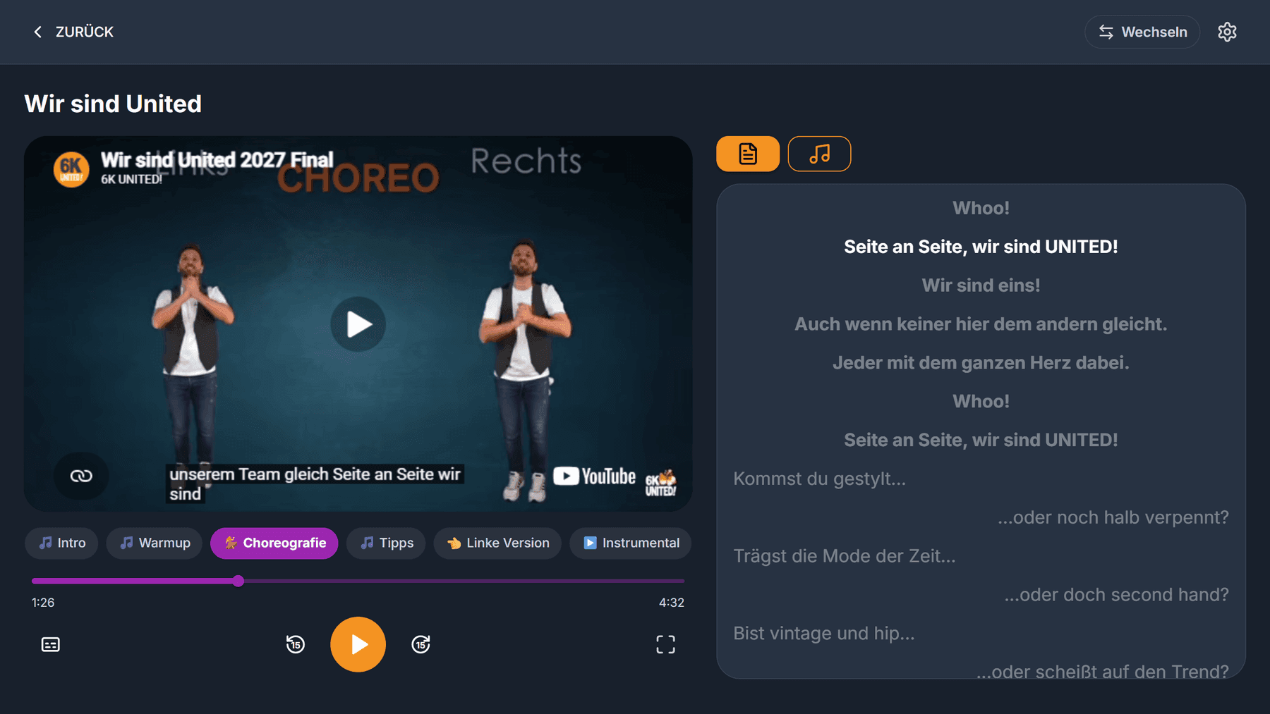 Ein 6K-Song in cori mit Video, Sprungmarken und hervorgehobenem Mitlesetext