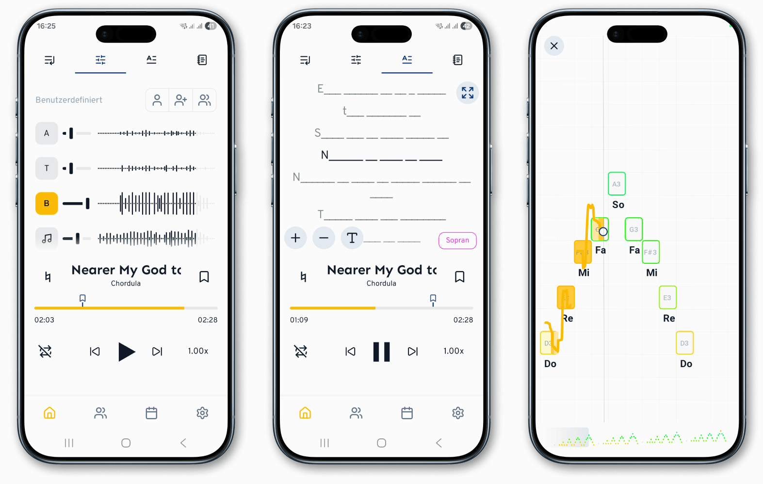 Nicht nur hören, sondern üben: In cori mischst du dir deine Stimme so, wie du sie brauchst (links). Auch Texte lernen wird vereinfacht (Mitte) und es gibt sogar Feedback zu Intonation und Rhytmus beim Singen (rechts).