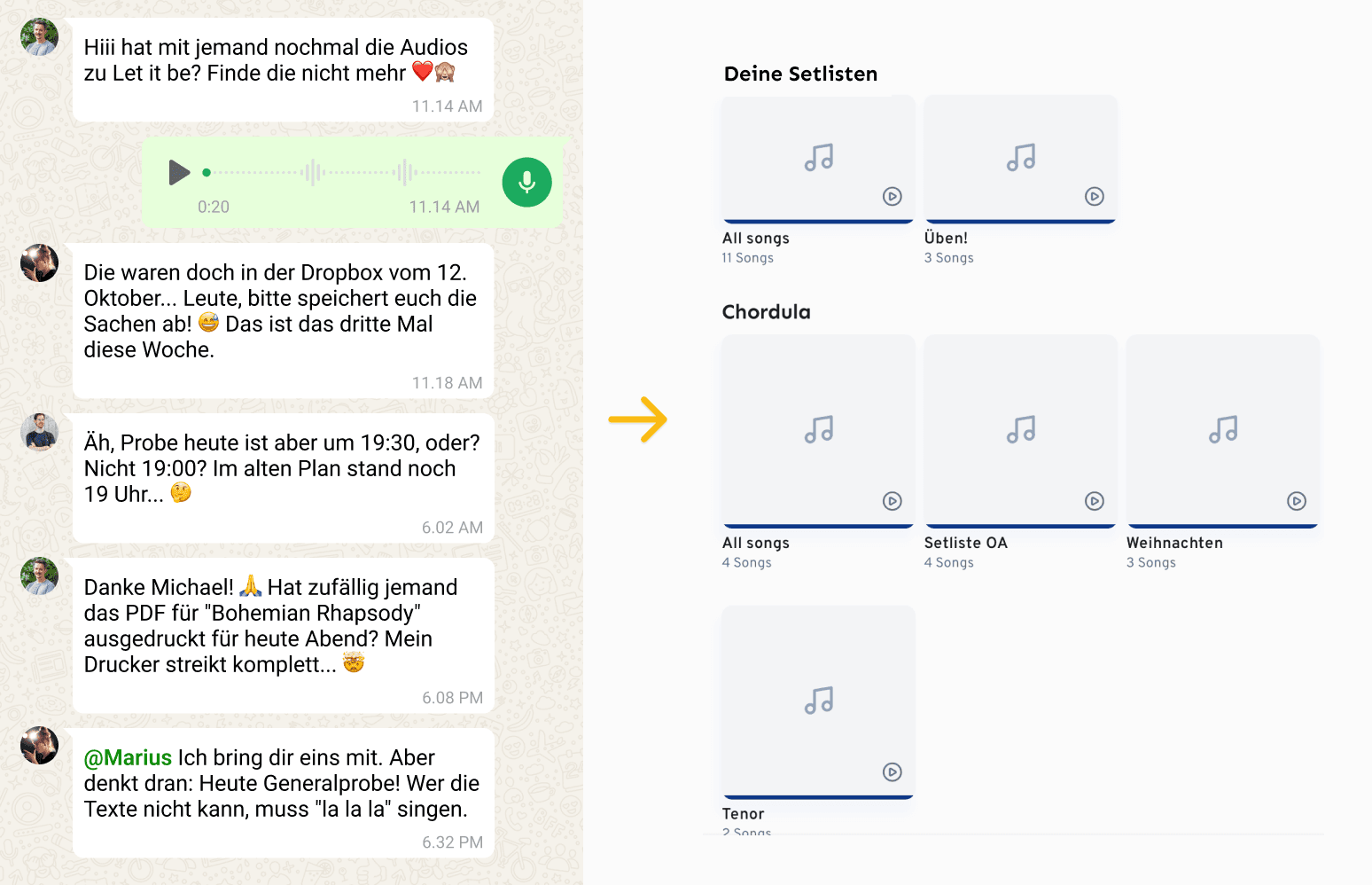 Es geht auch anders. Manche Chor-Apps vereinfachen das Austauschen von Dateien und das anlegen von Setlisten.
