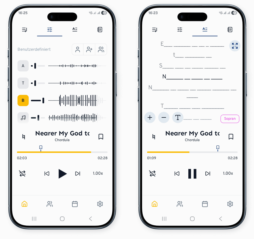Esempio: l’app cori in modalità studio. Il mixer audio integrato permette ai cantori di mettere in evidenza la propria voce durante la riproduzione. Anche le funzioni per l’apprendimento del testo sono essenziali (a destra).