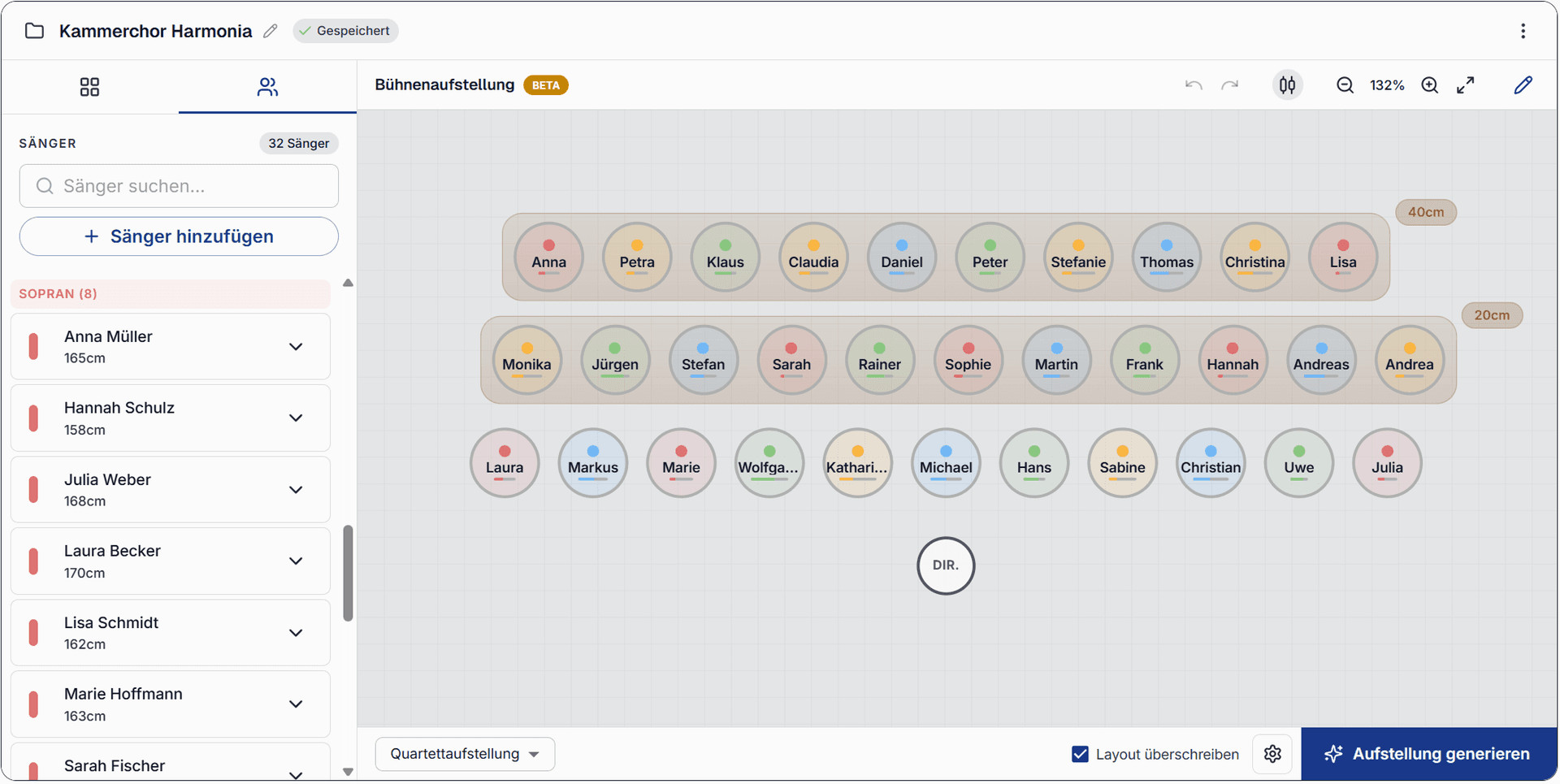 Chor-Aufstellungsplaner von cori: Erstelle Bühnenaufstellungen für und visualisiere verschiedene Formationen.