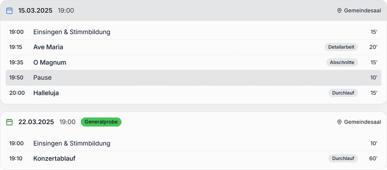 Probenplan-Generator con cori: Plane deine Proben mit Zeitblöcken für Einsingen, Stückarbeit und Durchläufe.