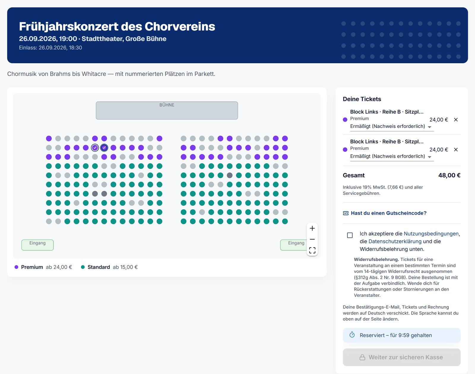 La vista di chi acquista in cori Tickets: categorie di prezzo come colori, due posti scelti con il segno di spunta — a destra il carrello con la scelta della tariffa e il timer della prenotazione.