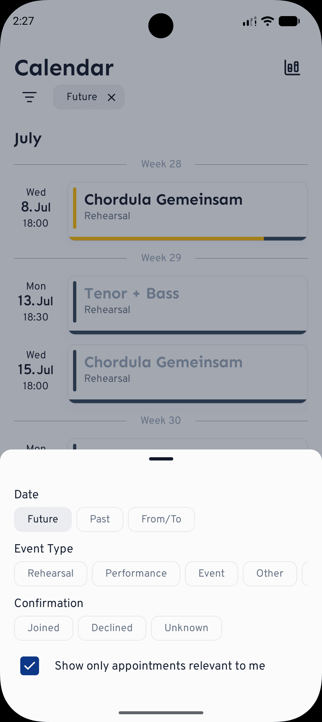En la app, toca el icono de filtro para filtrar por fecha, tipo de cita, confirmación y coro en un solo panel.