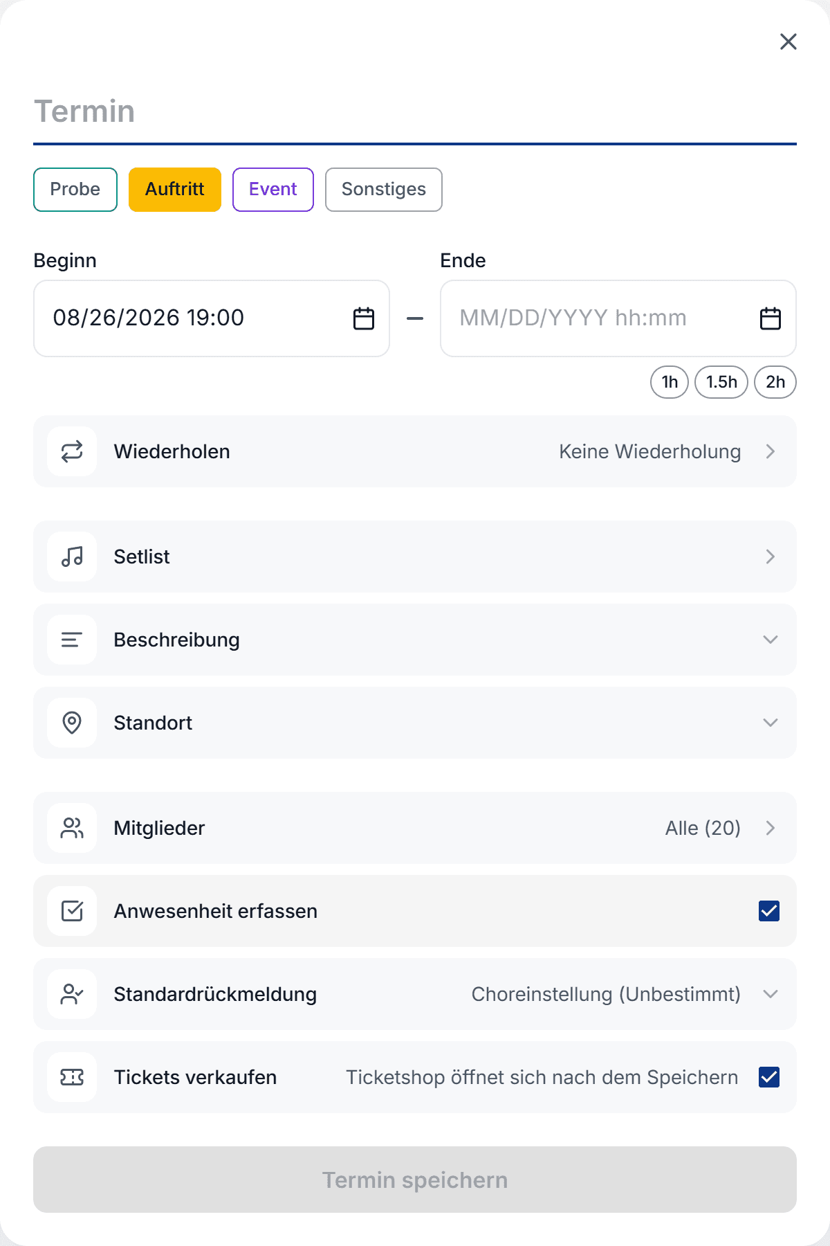 Bei einem neuen Auftritt oder Event zeigt das Formular die Zeile „Tickets verkaufen“; nach dem Speichern öffnet sich der Ticketshop.