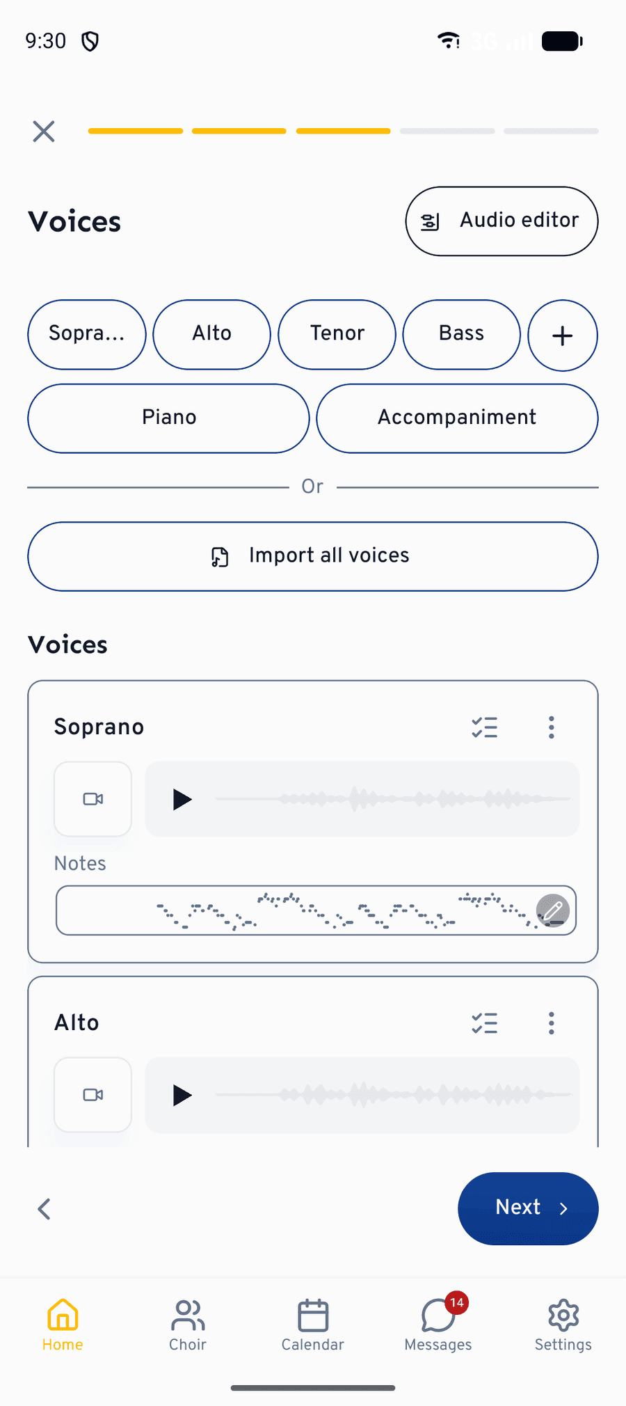 Der Stimmen-Schritt mit aufgenommenen Stimmen: pro Karte die Aufnahme, darunter die Referenznoten, oben rechts der Audio-Editor.