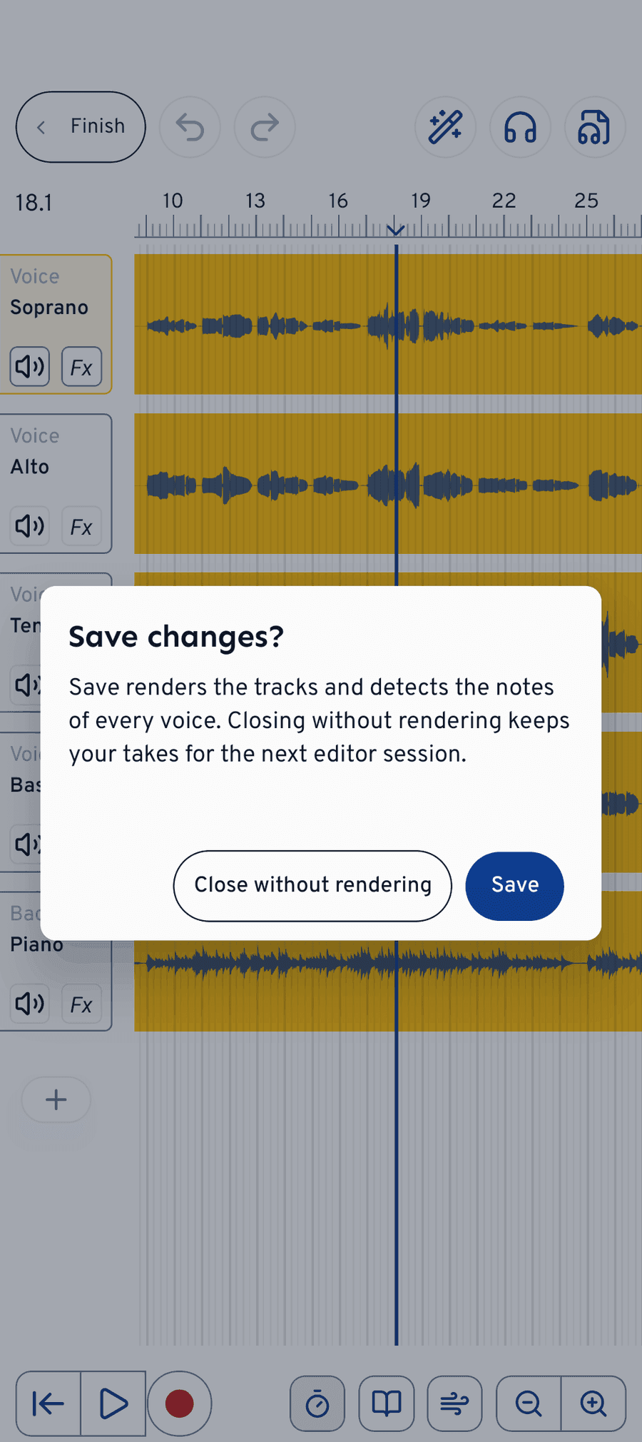 Hinter „Fertig“: Speichern rendert die Spuren, die Alternative schließt den Editor ohne Rendern.
