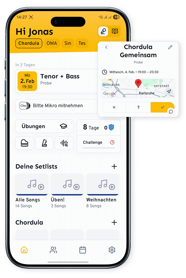 cori Chor-App: Terminübersicht mit Zu- und Absagen, Setlist-Builder und Nachrichten für die Chororganisation