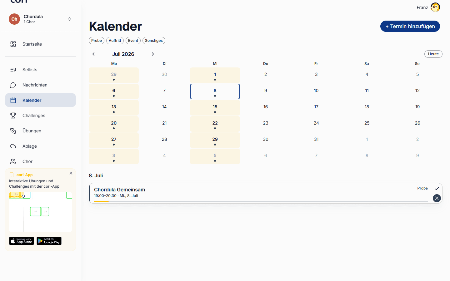 Der Chorkalender mit der Schaltfläche zum Hinzufügen von Terminen oben rechts für Chorleiter.
