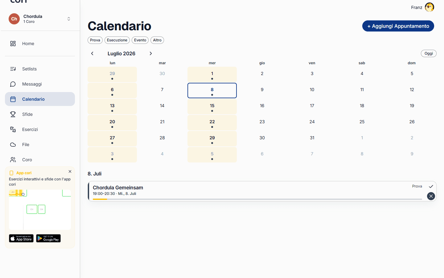 Il calendario del coro, con il pulsante Aggiungi appuntamento in alto a destra per i direttori.