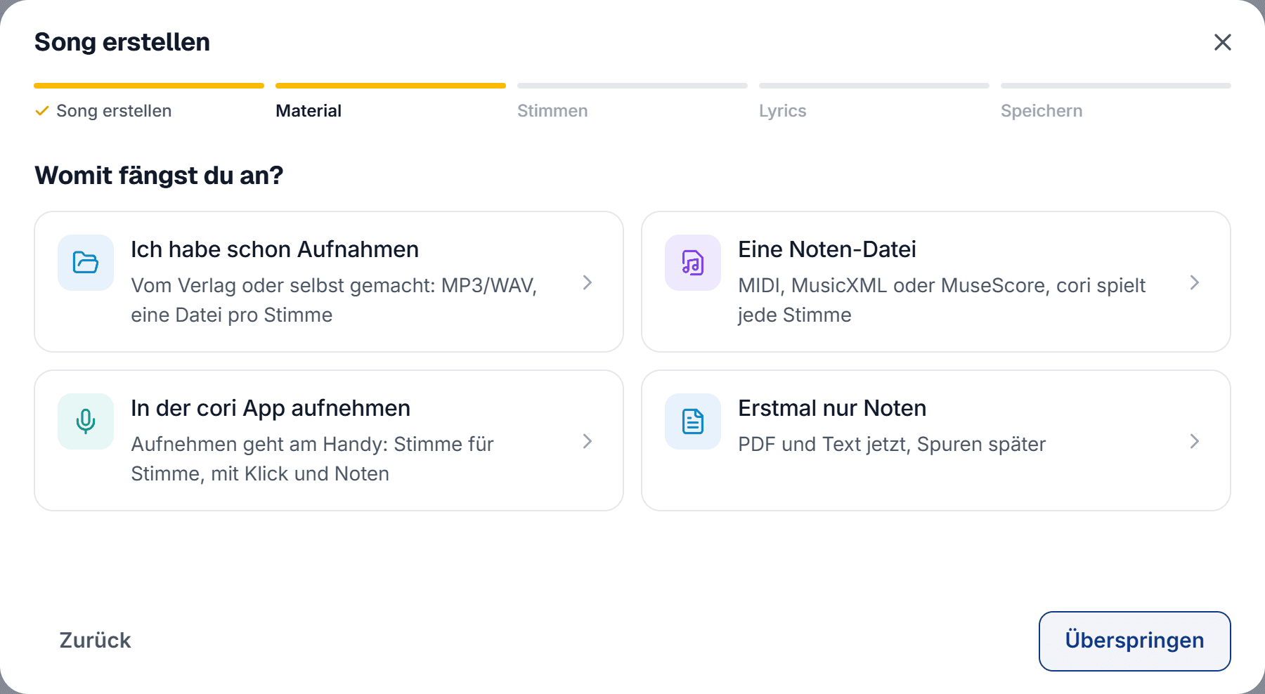 Die Weiche des Erstellers: vier Startpunkte, je nachdem, welches Material du hast.