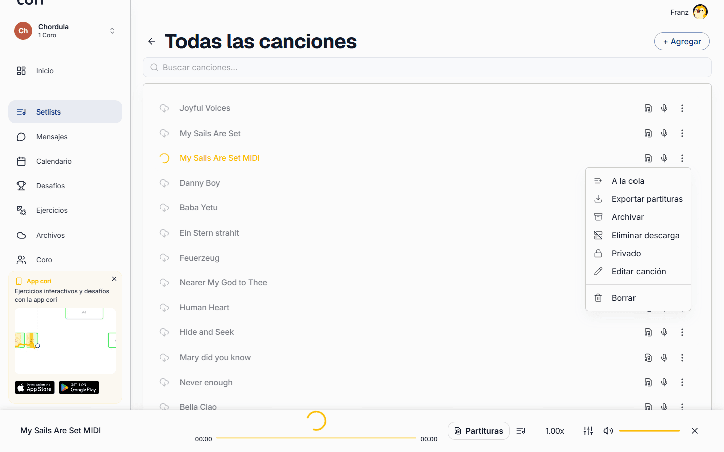 La opción «Exportar partituras» en el menú ⋮ de una canción descarga el PDF al instante.