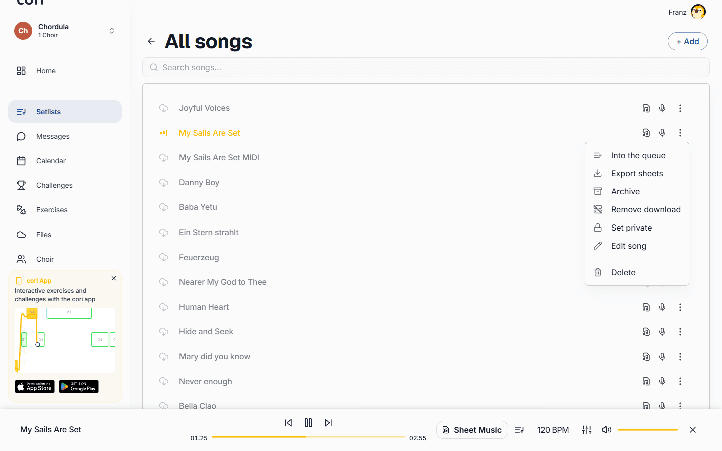 The Export sheets option in a song's ⋮ menu downloads the PDF instantly.