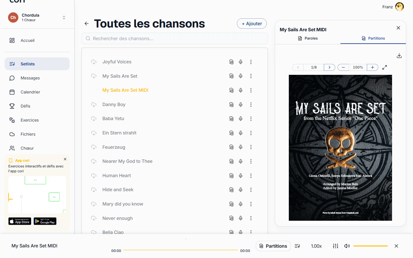 L'onglet « Partitions » avec le bouton Télécharger pour la partition actuellement affichée.