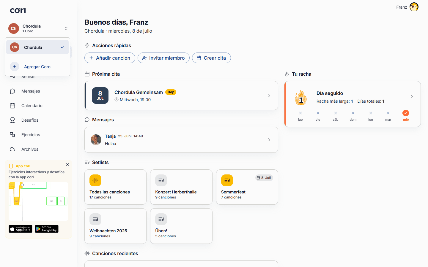 Crea un coro nuevo o únete a uno existente desde el Dashboard.