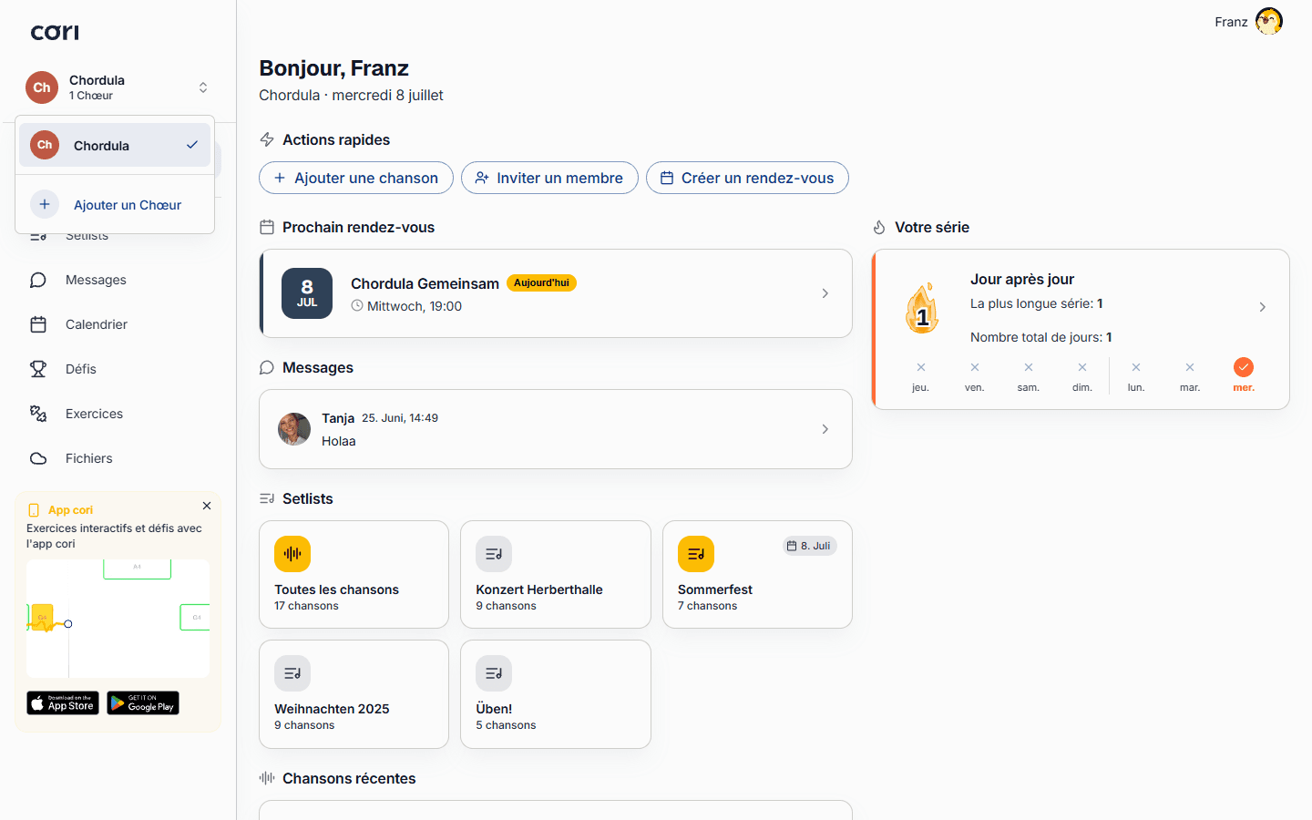 Créez une nouvelle chorale ou rejoignez-en une existante depuis le Dashboard.
