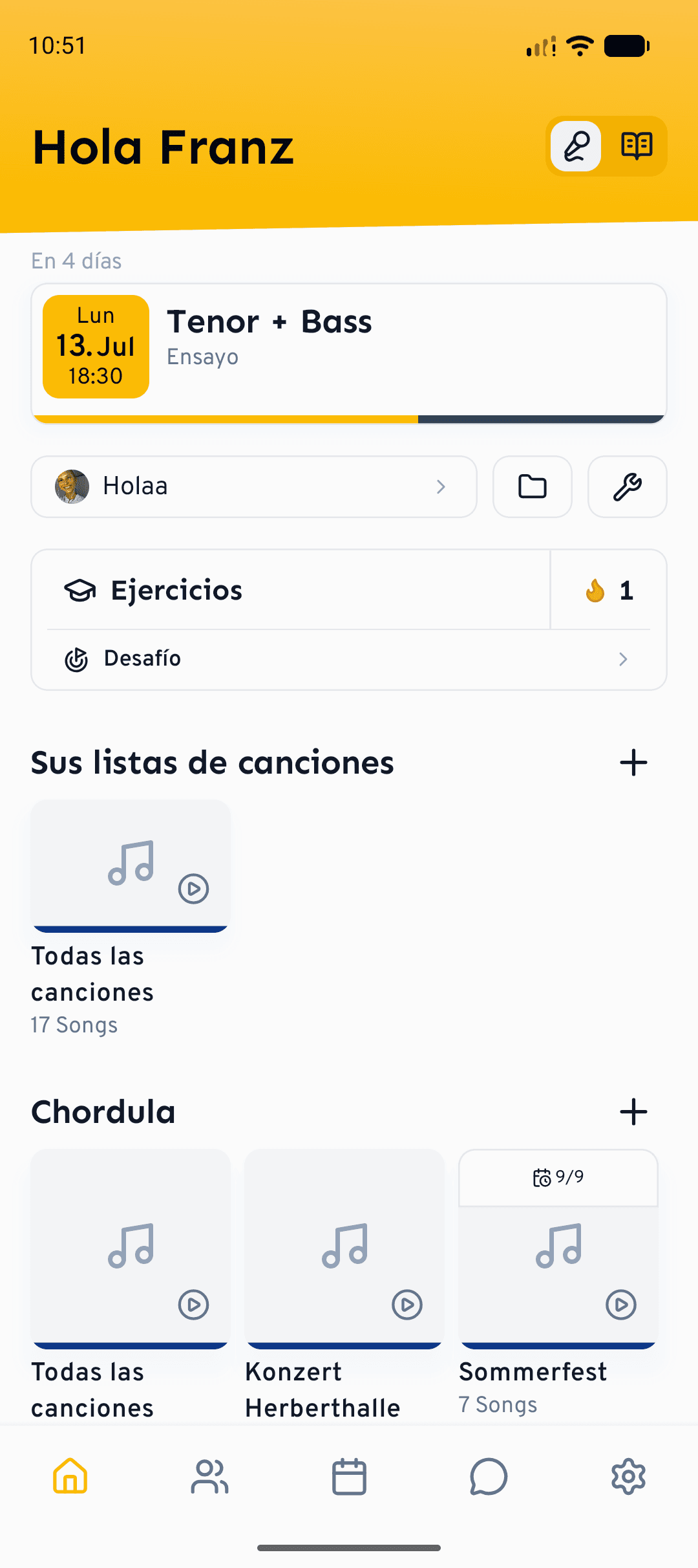 La pantalla de inicio en el movil: tu proximo ensayo, los ejercicios y las listas de un vistazo.