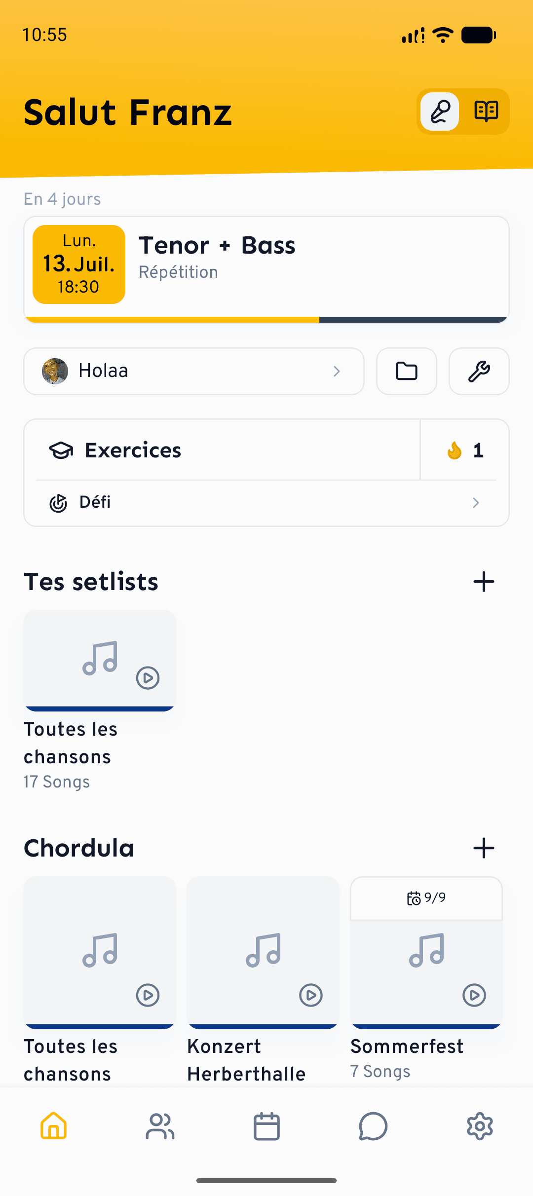 L'ecran d'accueil sur mobile : votre prochaine repetition, les exercices et les setlists en un coup d'oeil.
