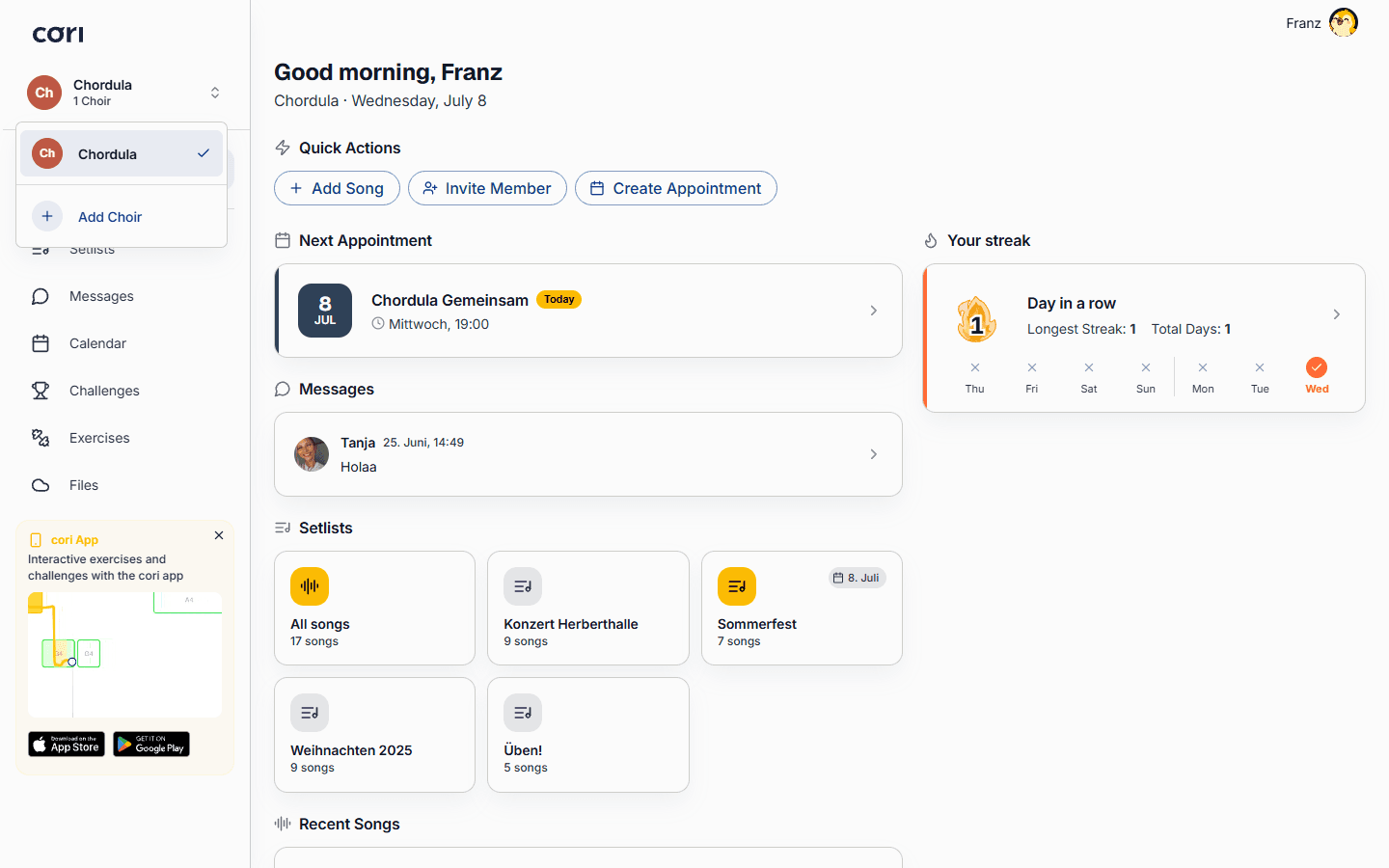 Create a new choir or join an existing one from the dashboard.