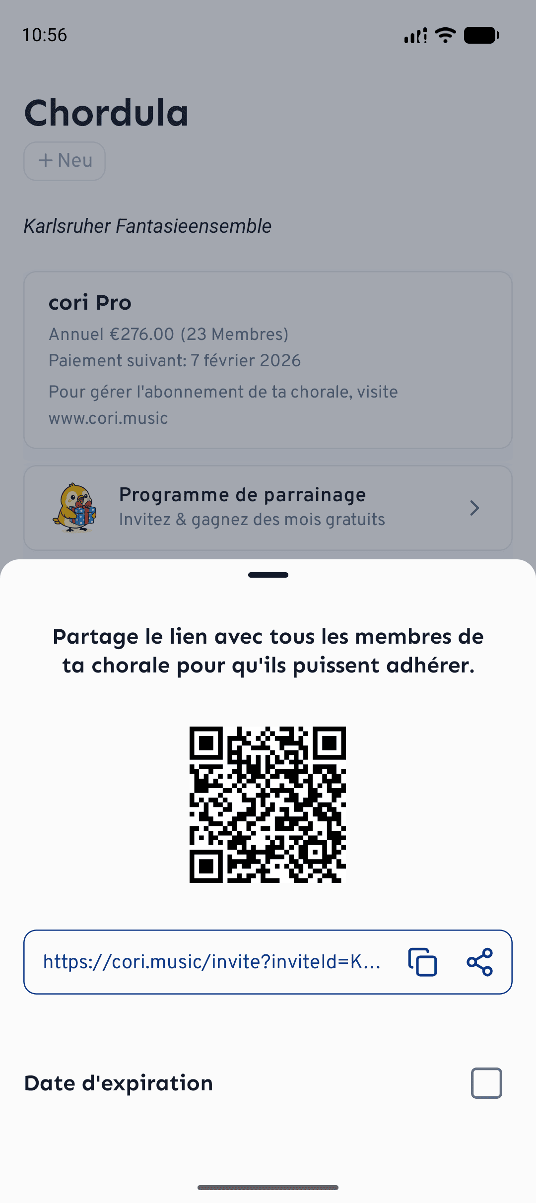 Sur mobile : le QR code et le lien d'invitation, avec une date d'expiration facultative.