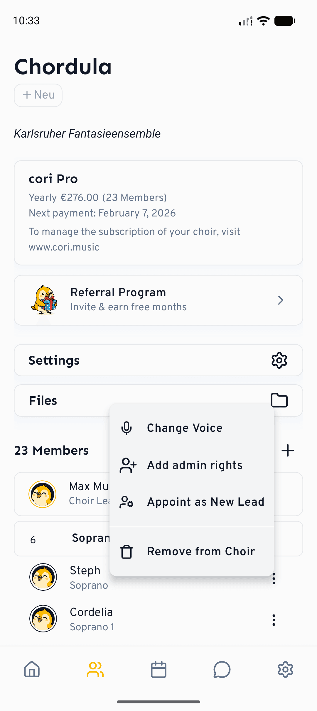 The same member menu on mobile, opened from the Choir tab.