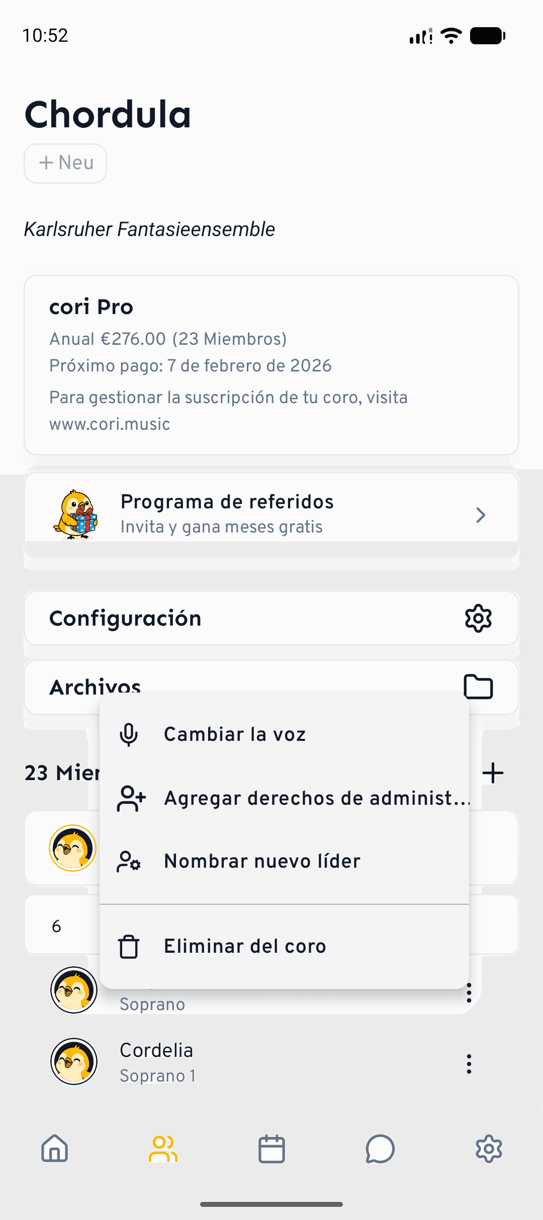 El mismo menu de miembro en el movil, abierto desde la pestana Coro.