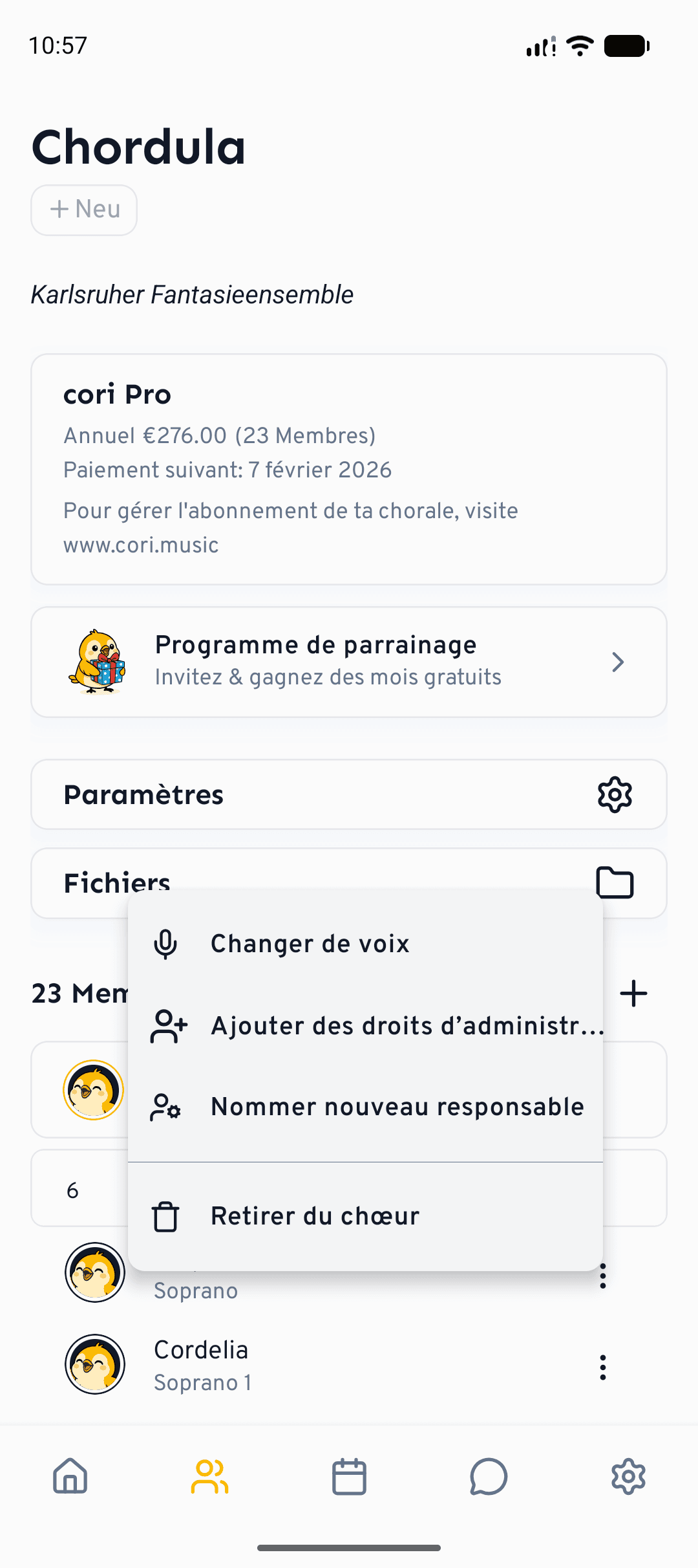 Le meme menu de membre sur mobile, ouvert depuis l'onglet Choeur.