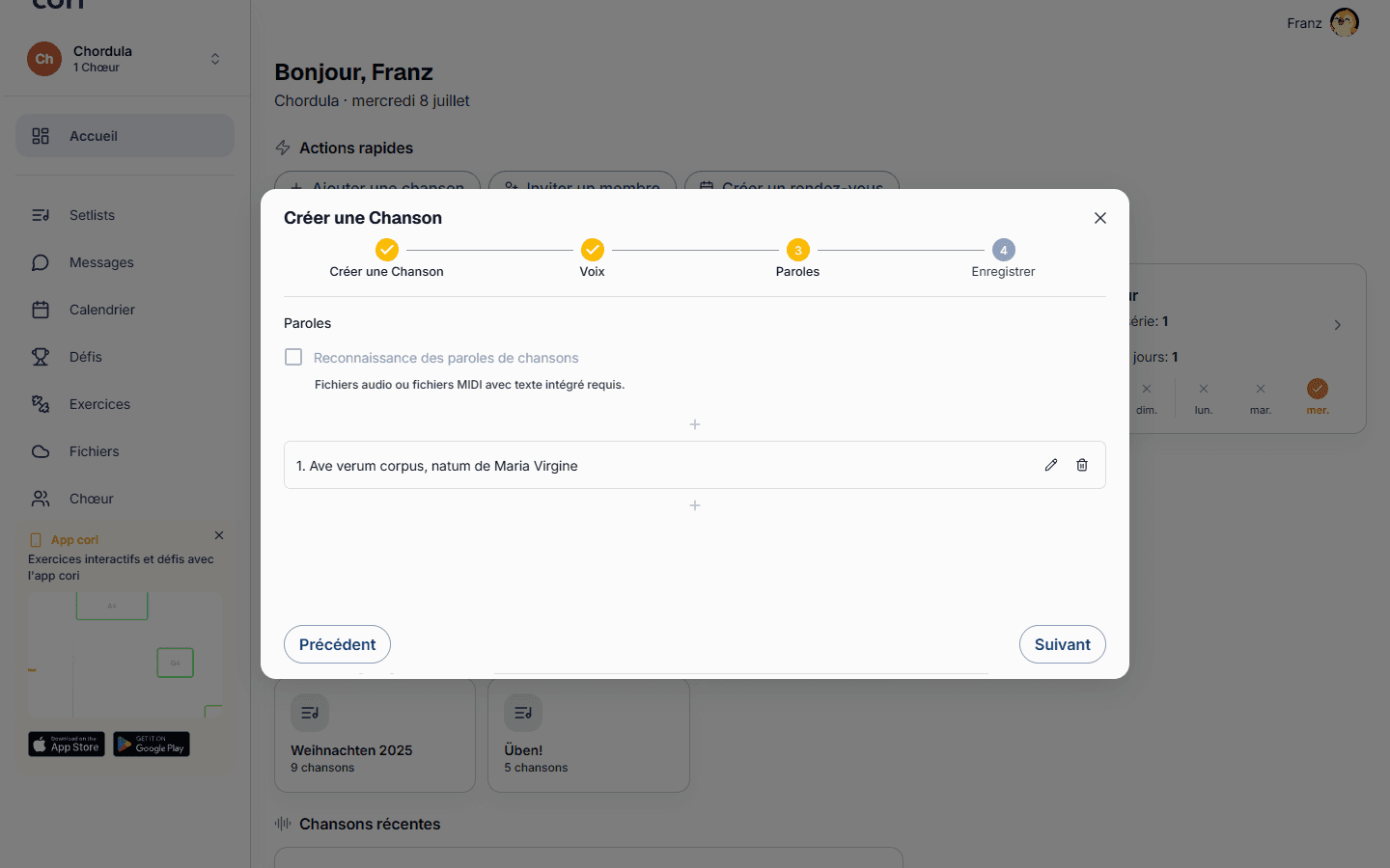 L'étape Paroles : reconnaissance automatique, ou modification des lignes à la main et attribution aux voix.