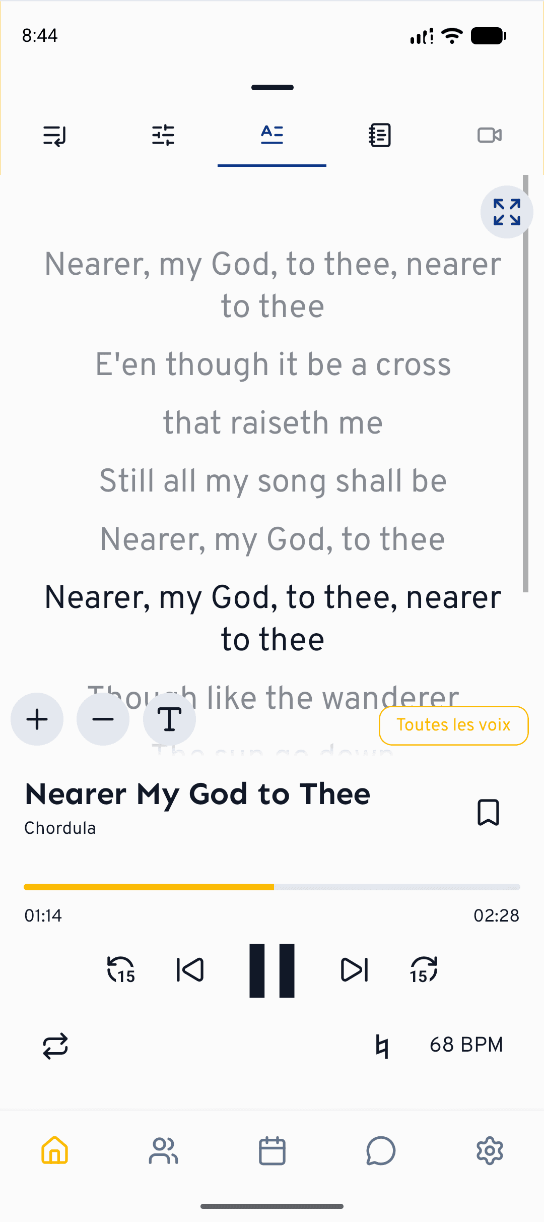 Dans le lecteur, l'onglet Paroles met en évidence la ligne en cours et permet aux choristes de sauter d'un toucher.