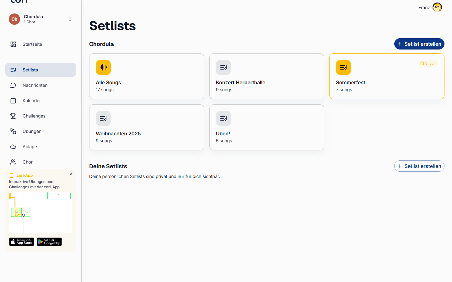Setlists verwalten