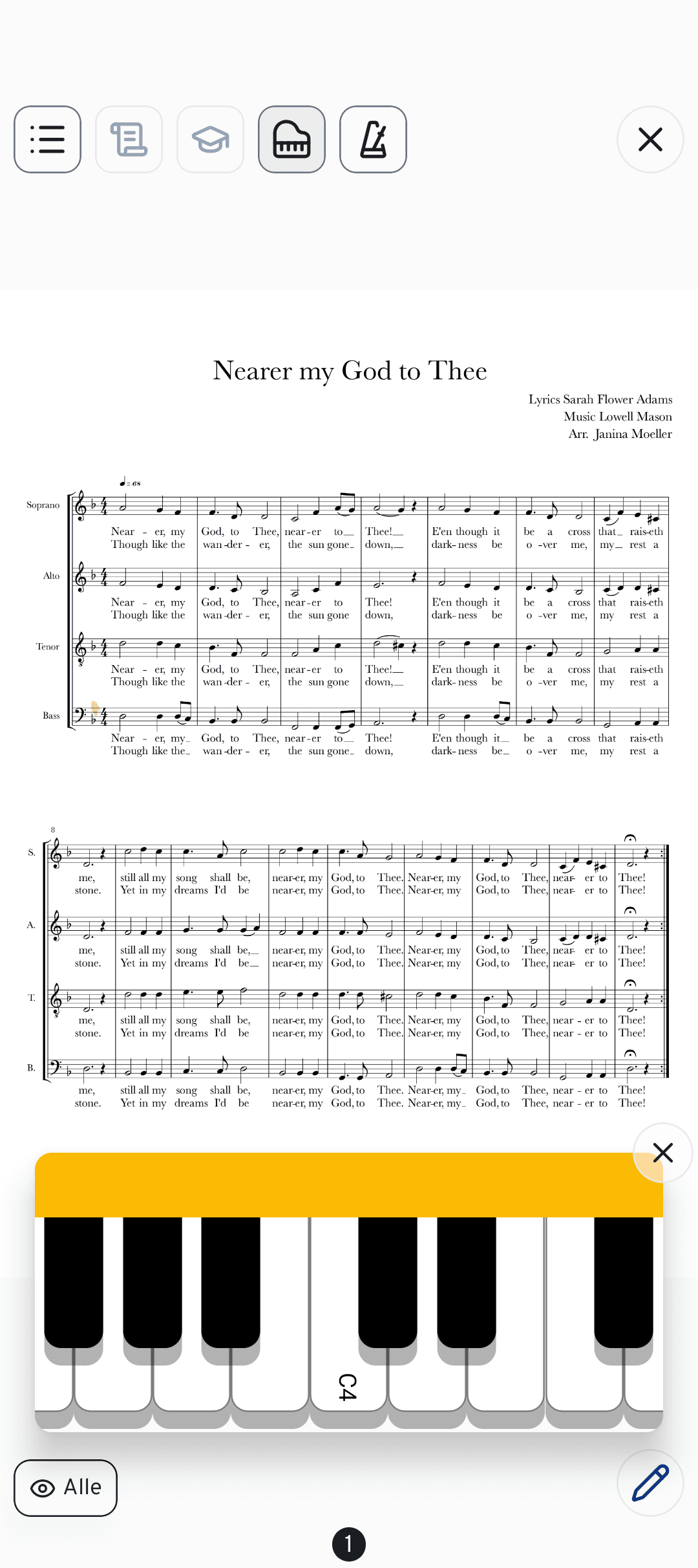 Das eingeblendete Klavier liegt über den Noten, sodass du Töne beim Lesen nachklingen lassen kannst.