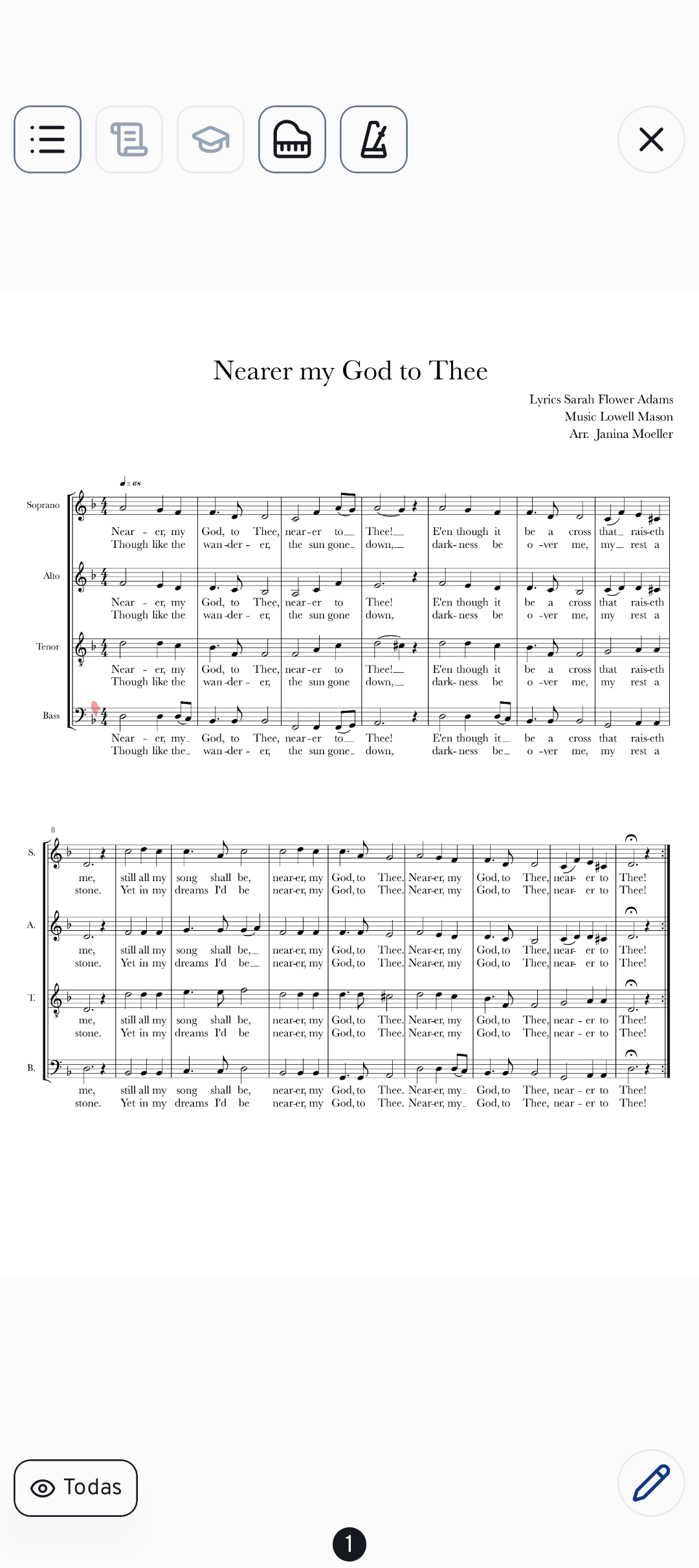 El modo de partituras muestra la partitura a pantalla completa con herramientas de anotación, metrónomo y piano.