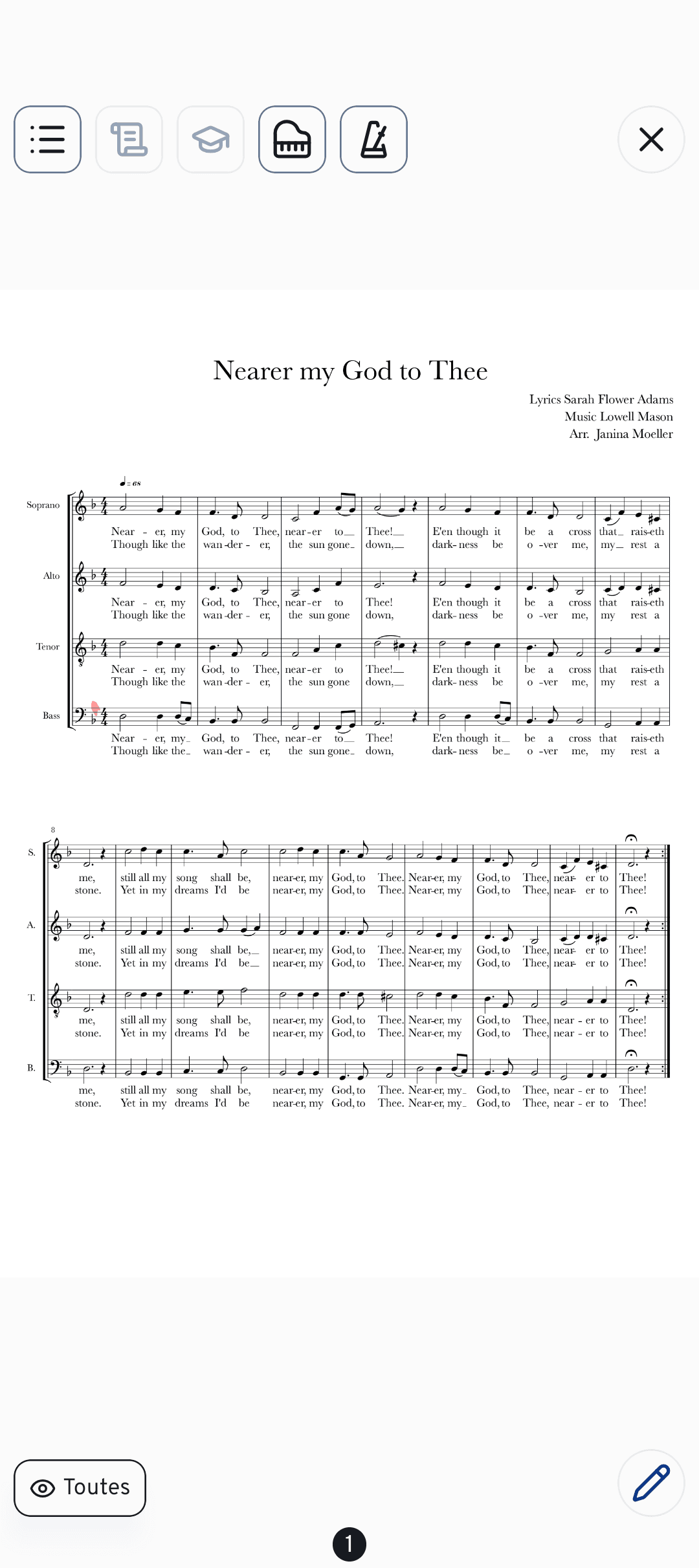 Le mode partitions affiche la partition en plein écran avec les outils d'annotation, de métronome et de piano.