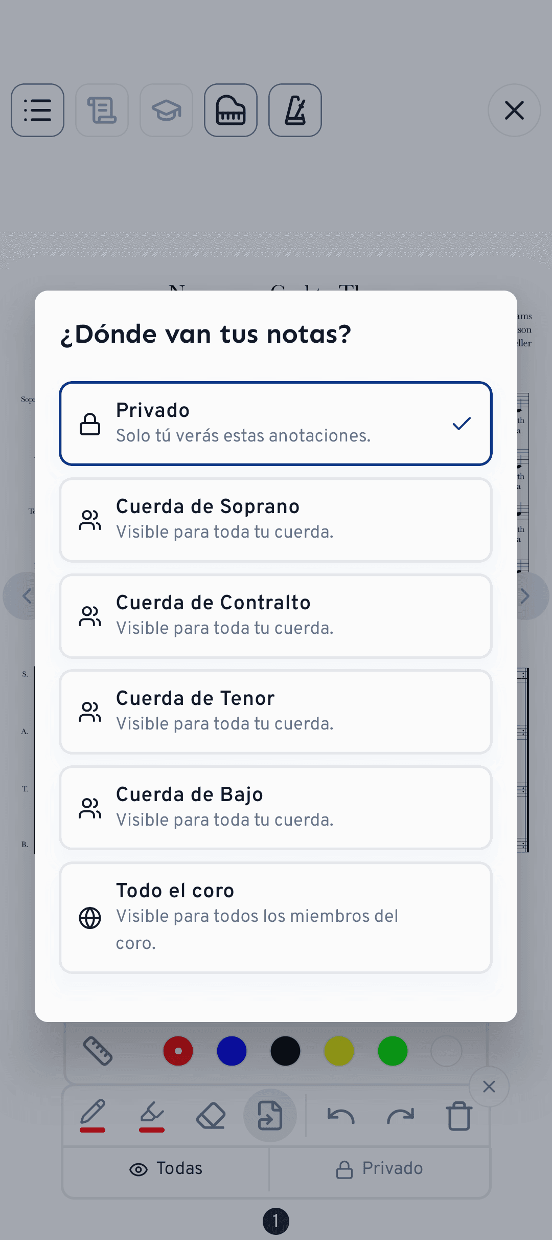 Elige si una nota se mantiene privada o se comparte con tu voz o con todo el coro.