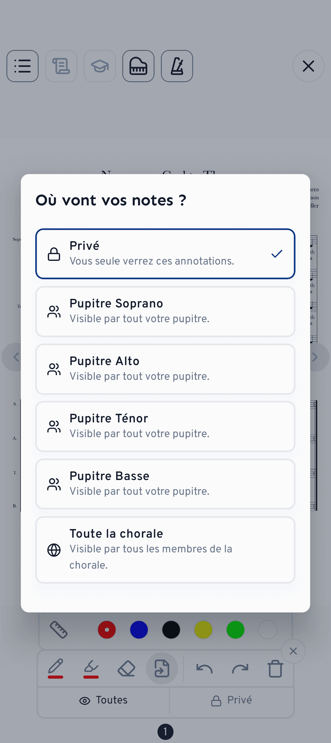 Choisissez si une note reste privée ou si elle est partagée avec votre voix ou tout le chœur.