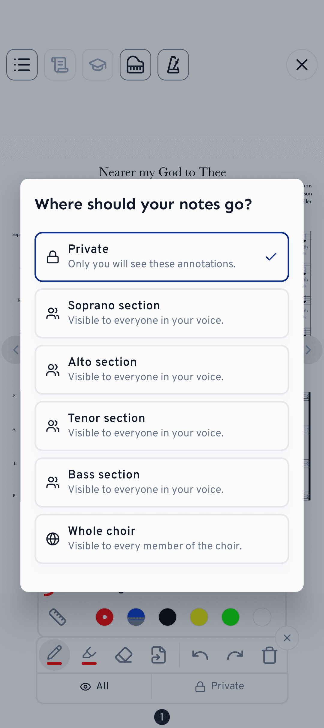 Choose whether a note stays private or is shared with your section or the whole choir.