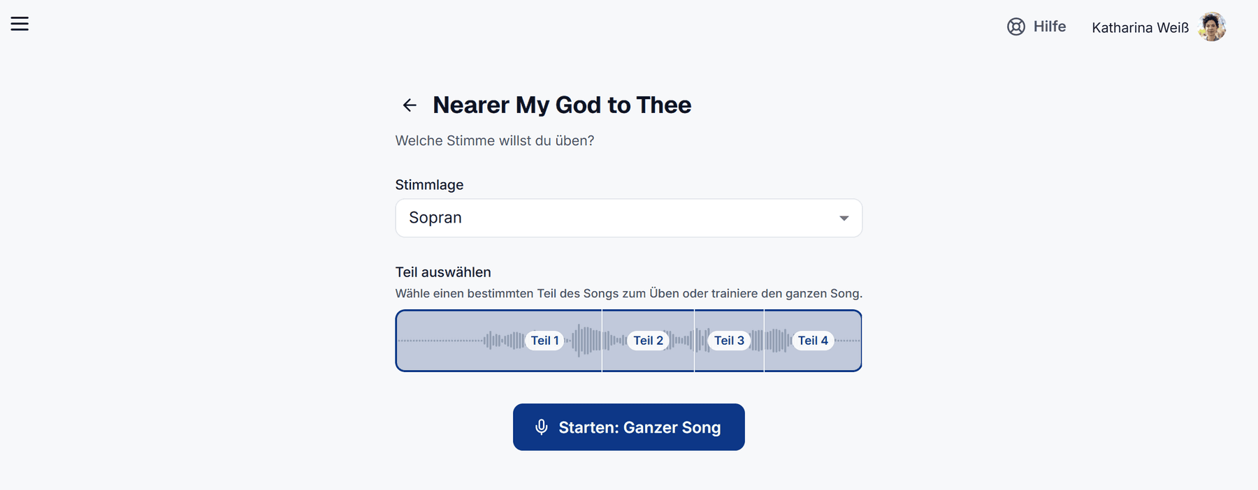 Im Browser: Stimmlage wählen, bei Bedarf einen Teil des Songs markieren und auf „Starten“ klicken.