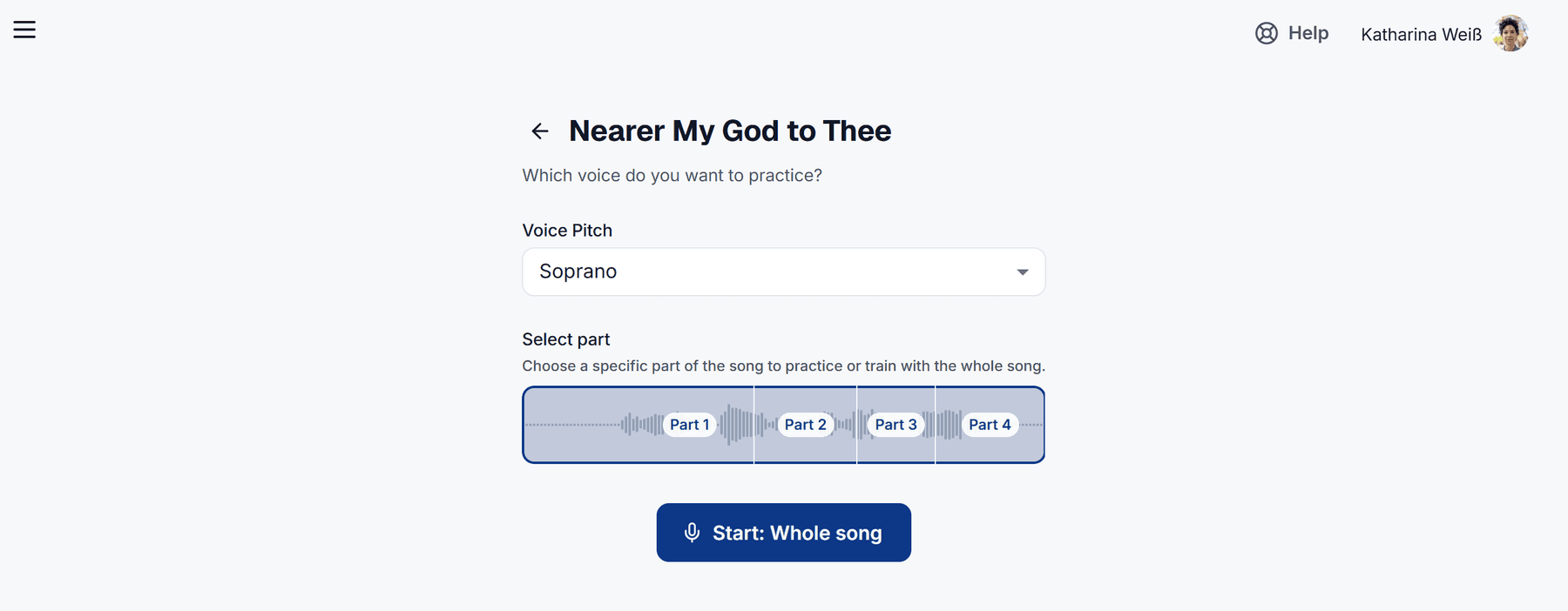 En el navegador: elige tu voz, marca una parte de la canción si quieres y haz clic en Inicio.