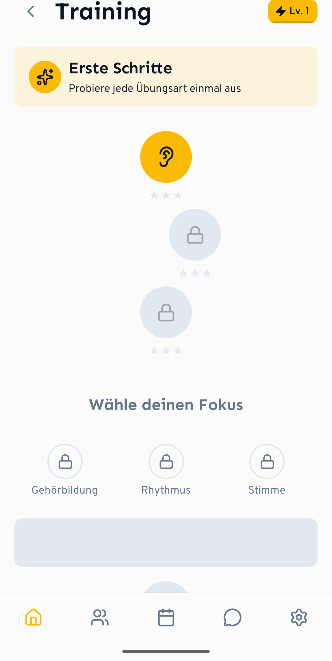 Der Lernpfad der Übungen, vom sanften Aufwärmen bis zu schwereren Leveln.