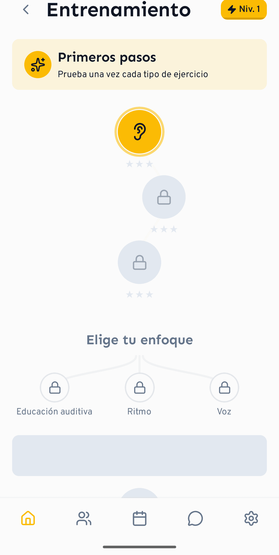 La ruta de aprendizaje de los ejercicios, desde los calentamientos suaves hasta los niveles más difíciles.