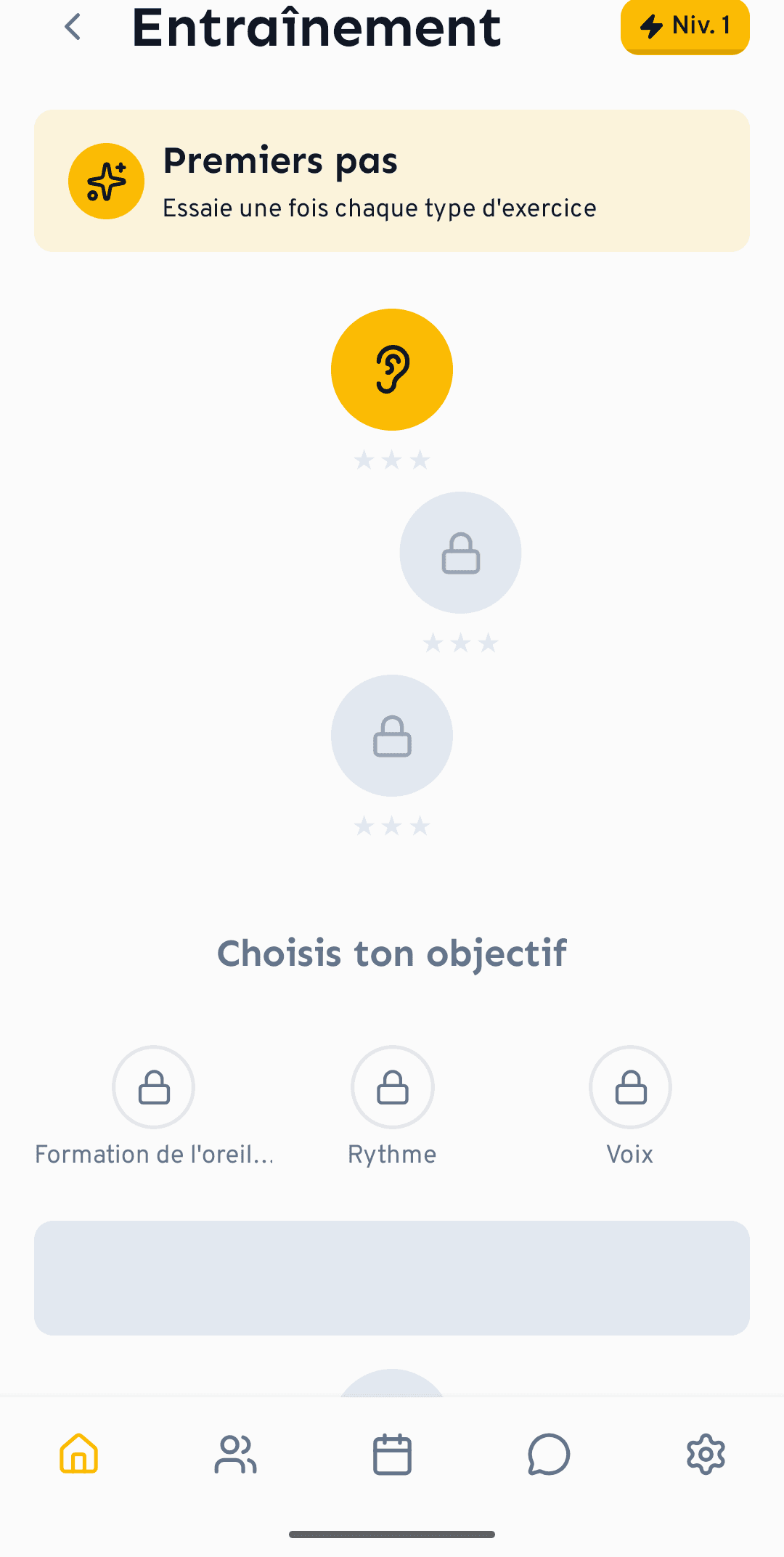 Le parcours des exercices, des échauffements en douceur aux niveaux plus difficiles.