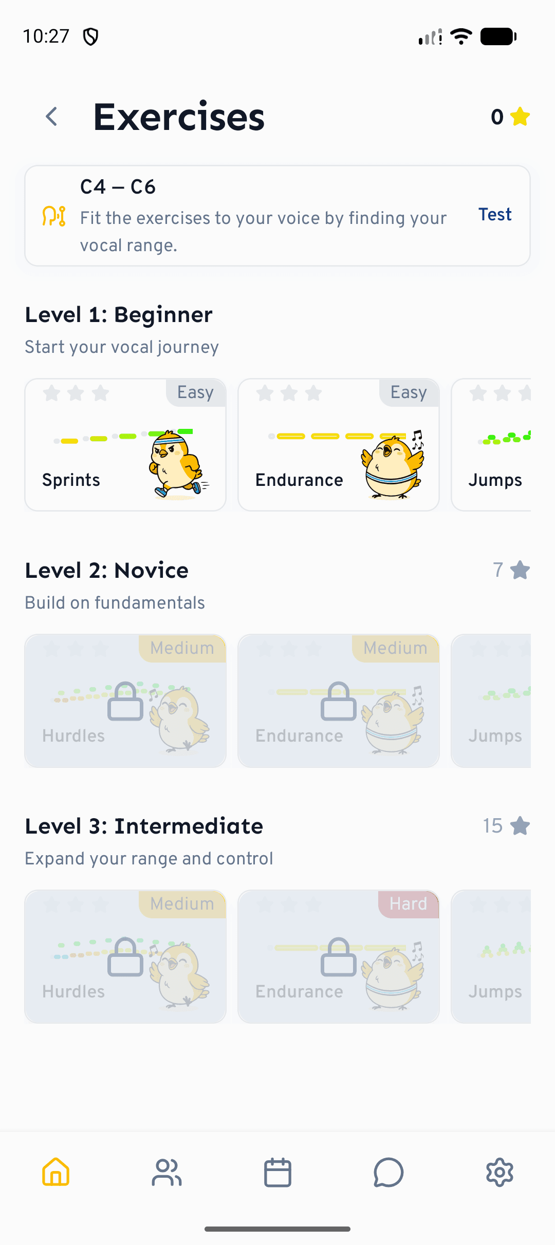 The exercises learning path, from gentle warm-ups to harder levels.