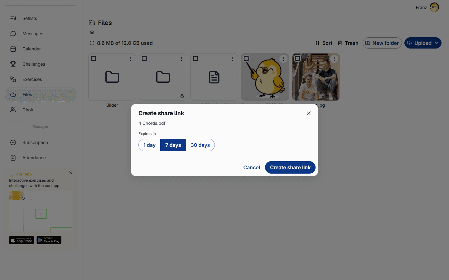 Create a share link with an expiry, copy it, or revoke it later.